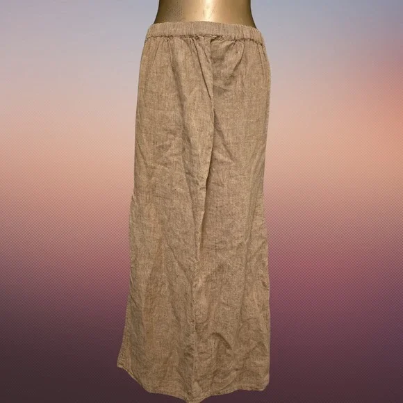 FLAX by Jeanne Engelhart Tan 100% Linen Maxi Skirt Elastic Waist Womens M Boho - Picture 8 of 10